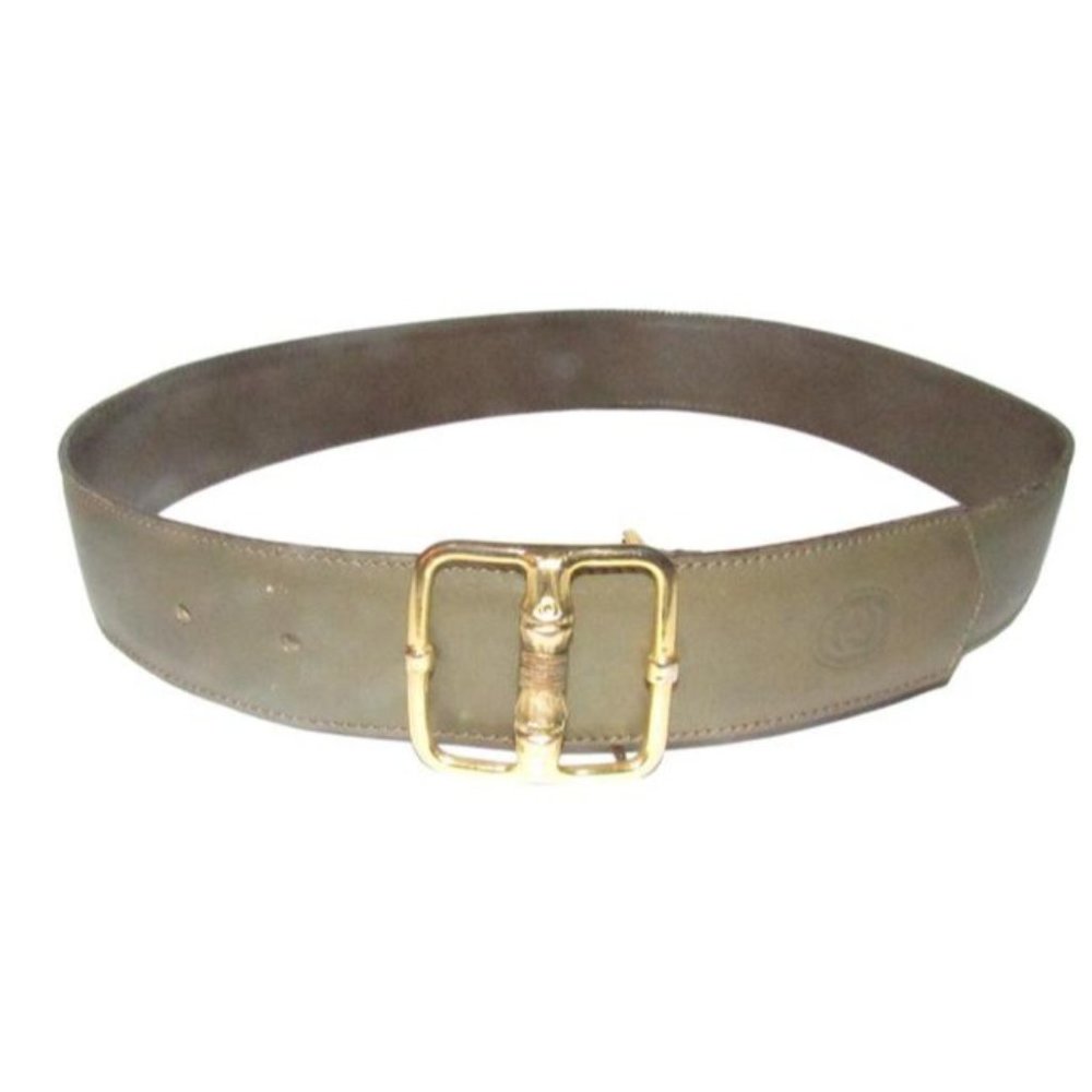 GUCCI Grey Embossed Leather w Gold Bamboo Buckle